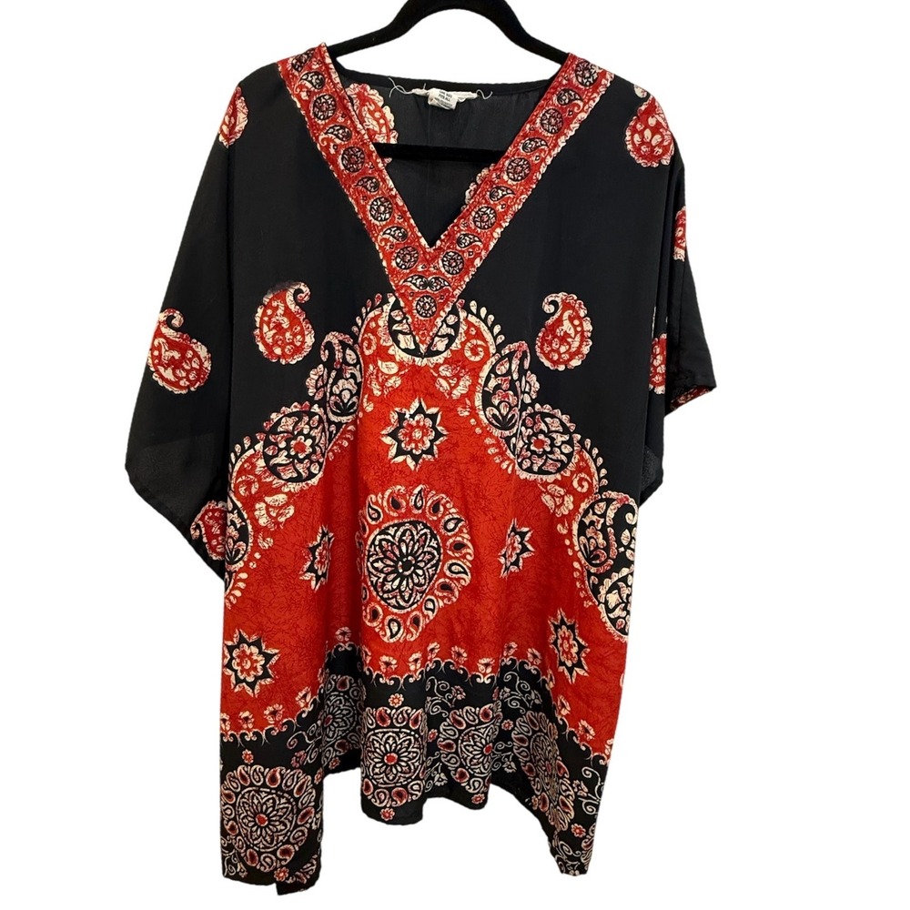 Gypsie Blu Kaftan Top Womens OS Black Red Paisley Mandala V-Neck Kimono Sleeve